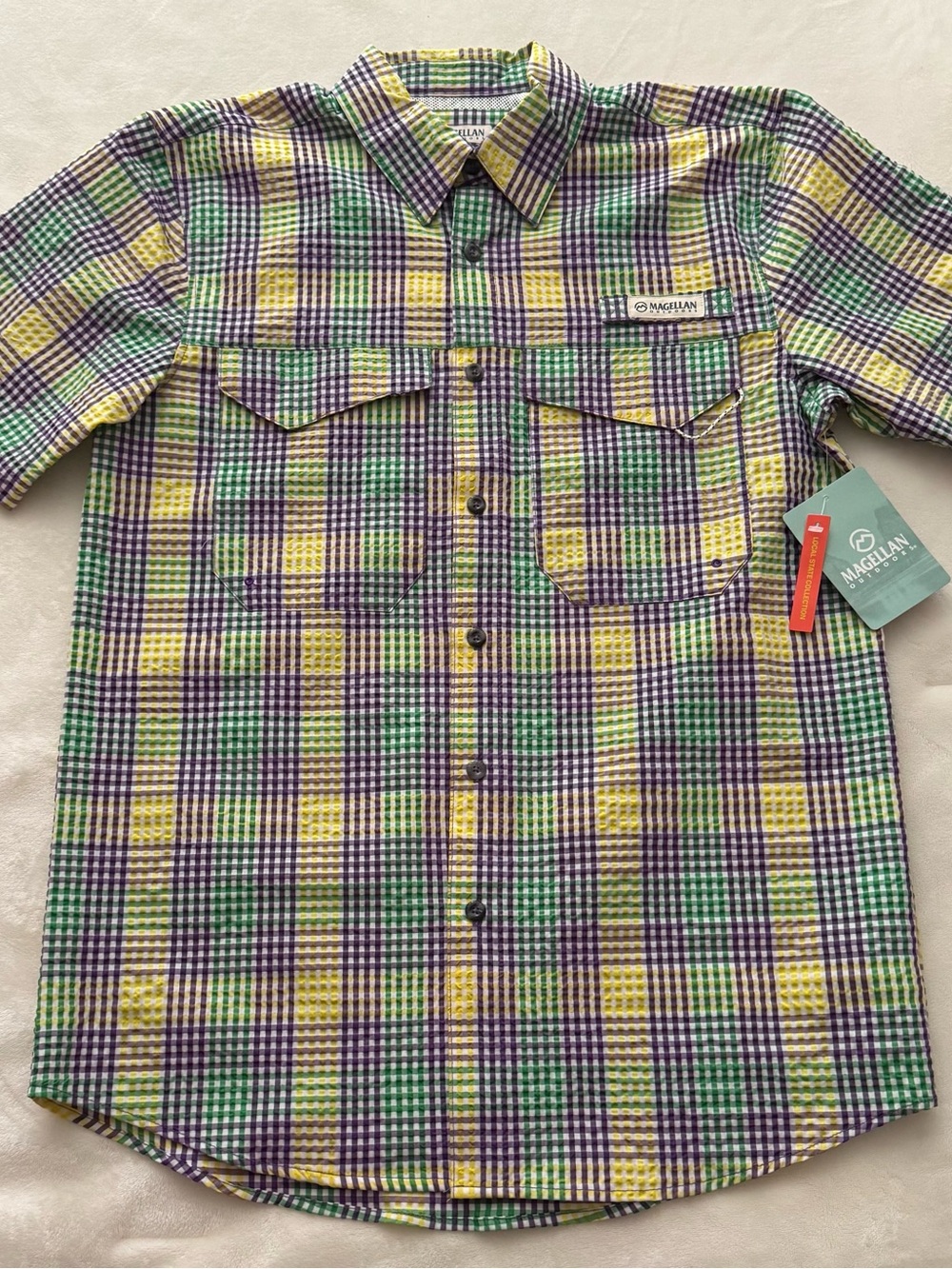Magellan Outdoors Mardi Gras LSU Louisiana Moisture Wicking Seersucker Plaid S